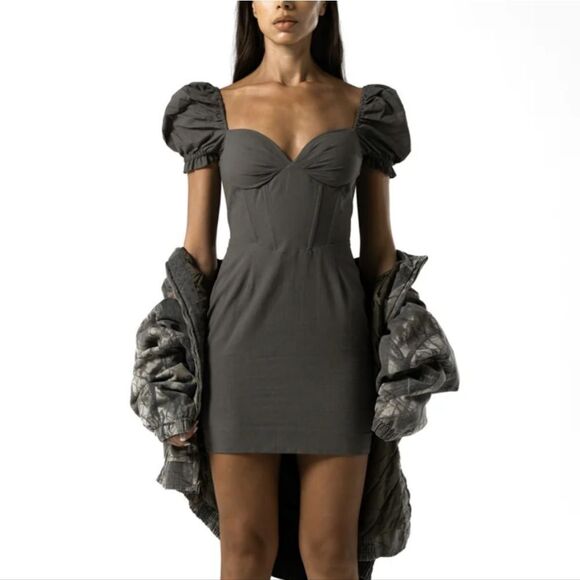 Sisters & Seekers Parlour Dress UK 6 Puff Sleeve Corset Mini Gray - Picture 1 of 10